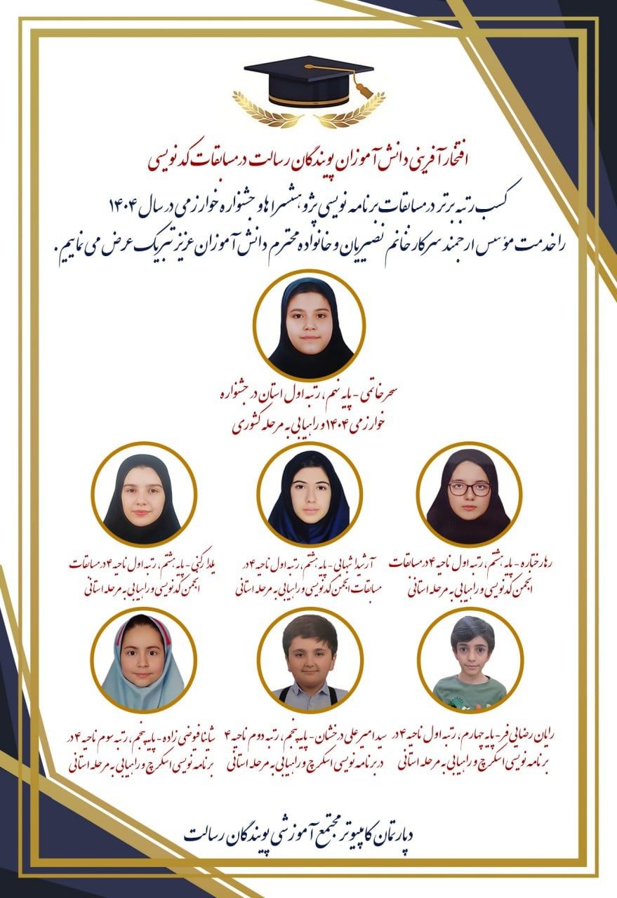 افتخار آفرینان دانش آموزان  پویندگان رسالت در مسابقات برنامه نویسی